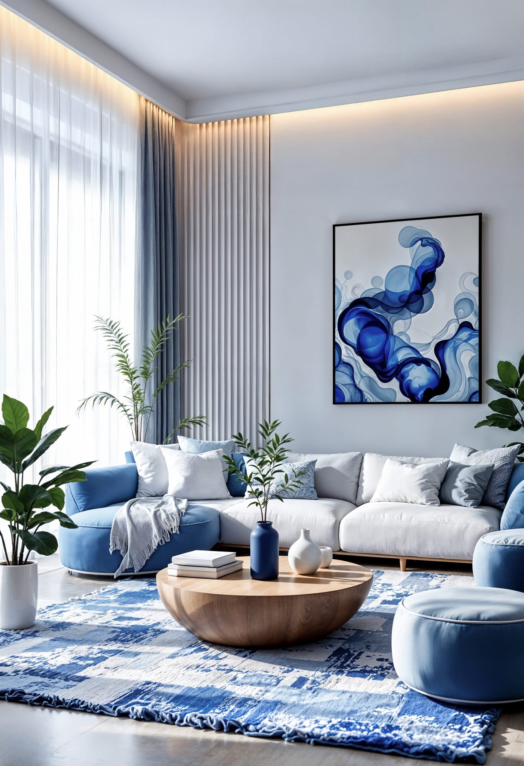 modern living room with blue accents